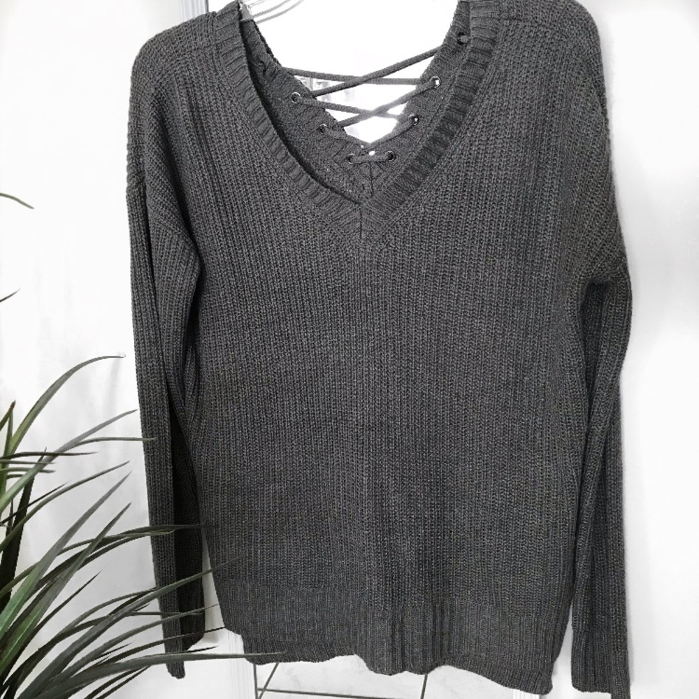 Grey sweater with lace up back detail